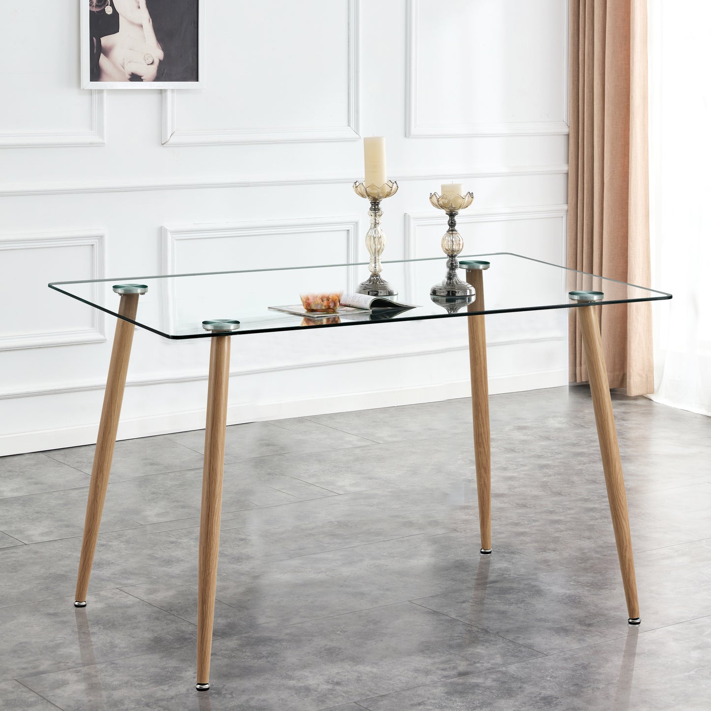 Modern Minimalist Rectangular Glass Dining Table for 4-6 with 0.31" Tempered Glass Tabletop and Wood color Coating Metal Legs, Writing Table Desk, for Kitchen Dining Living Room, 47" W x 31"D x 30" H