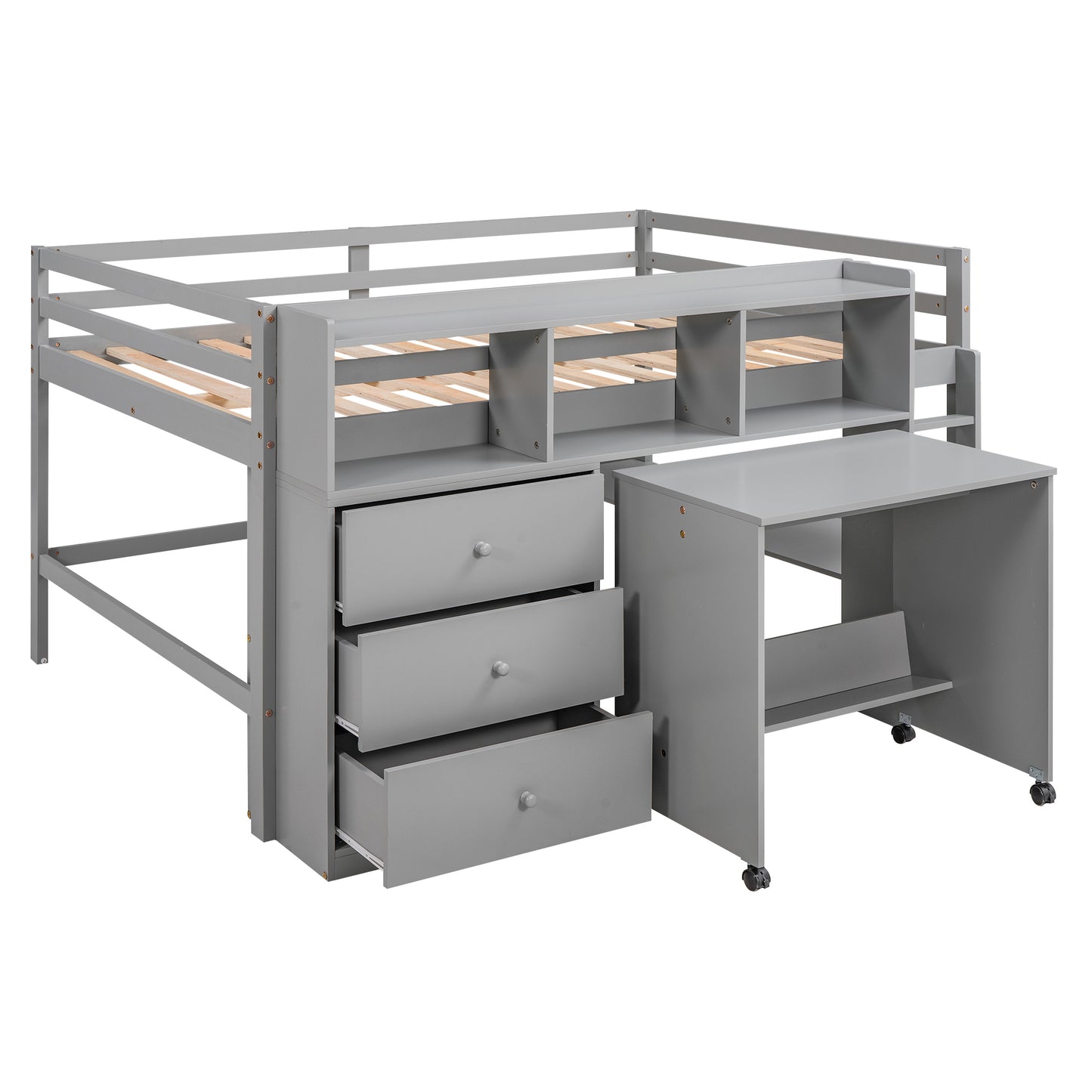 Full Size Low Loft Bed with Rolling Portable Desk, Drawers and Shelves,  Gray