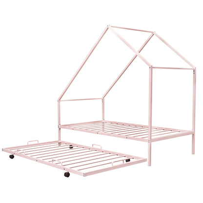 Metal House Bed With Trundle, Twin Size House Bed Pink
