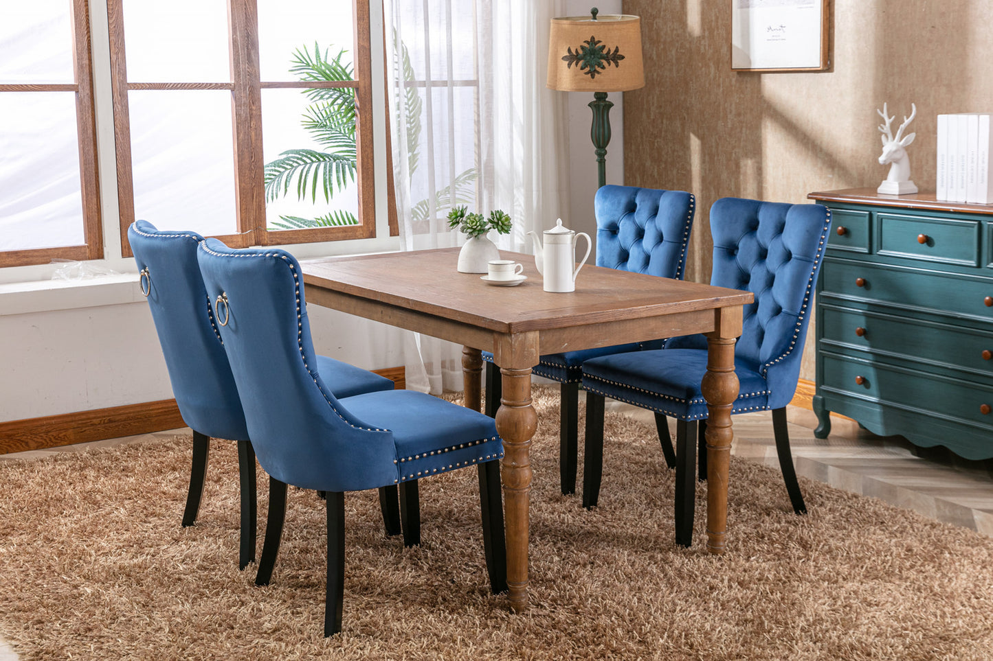 A&A Furniture,Nikki Collection Modern, High-end Tufted Solid Wood Contemporary Velvet Upholstered Dining Chair with Wood Legs Nailhead Trim  2-Pcs Set，Blue, 1901BL