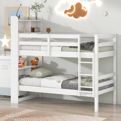 Twin Over Twin Bunk Beds with Bookcase Headboard, Solid Wood Bed Frame with Safety Rail and Ladder, Kids/Teens Bedroom, Guest Room Furniture, Can Be converted into 2 Beds, White