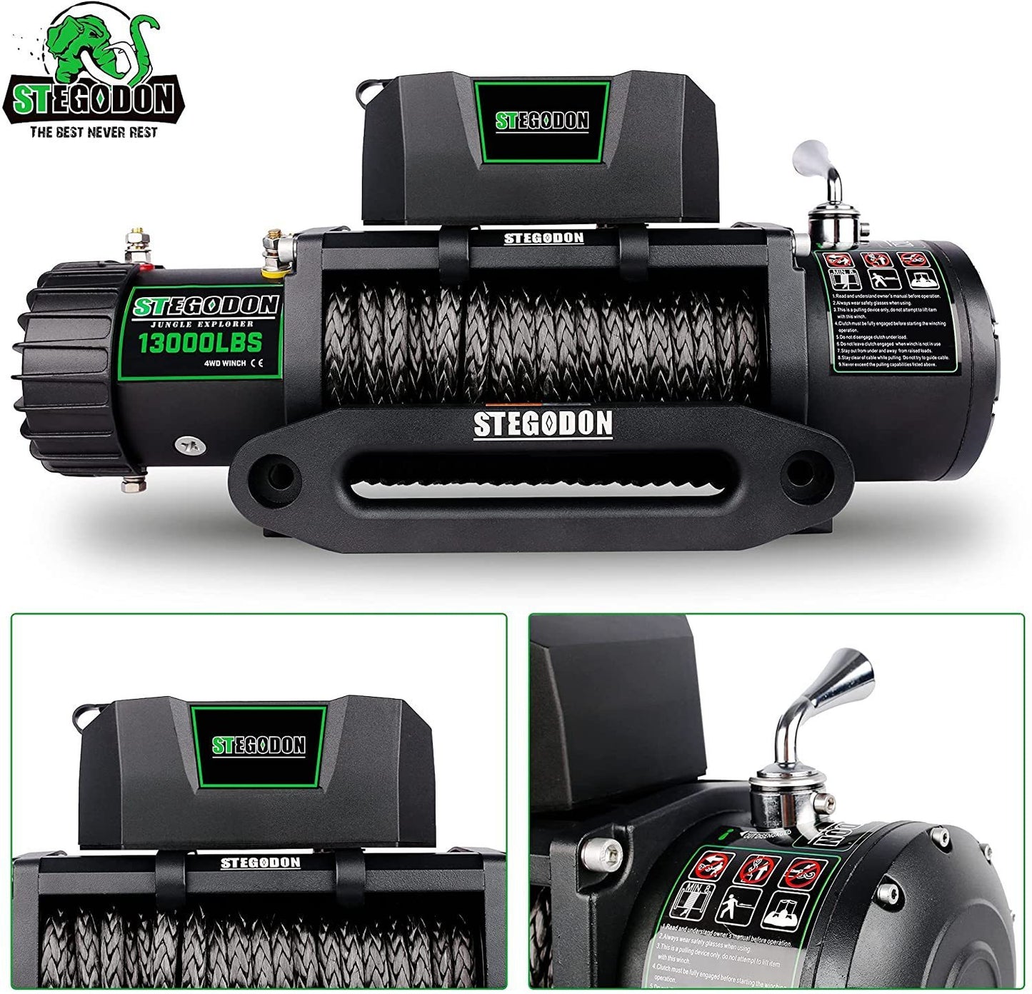 STEGODON New 13000 LBS Electric Winch T3,12V Synthetic Rope with Wireless Handheld Remotes and Wired Handle