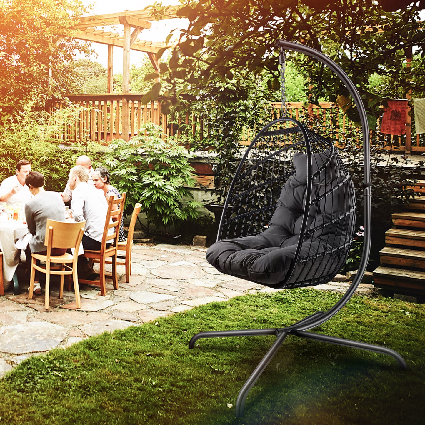 Swing Egg Chair with Stand Indoor Outdoor Wicker Rattan Patio Basket Hanging Chair with C Type bracket , with cushion and pillow,Patio Wicker folding Hanging Chair( Black New arrivals within 10 days)