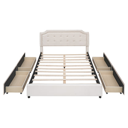 Upholstered Platform Bed with Classic Headboard and 4 Drawers, No Box Spring Needed, Velvet Fabric, Queen Size Beige