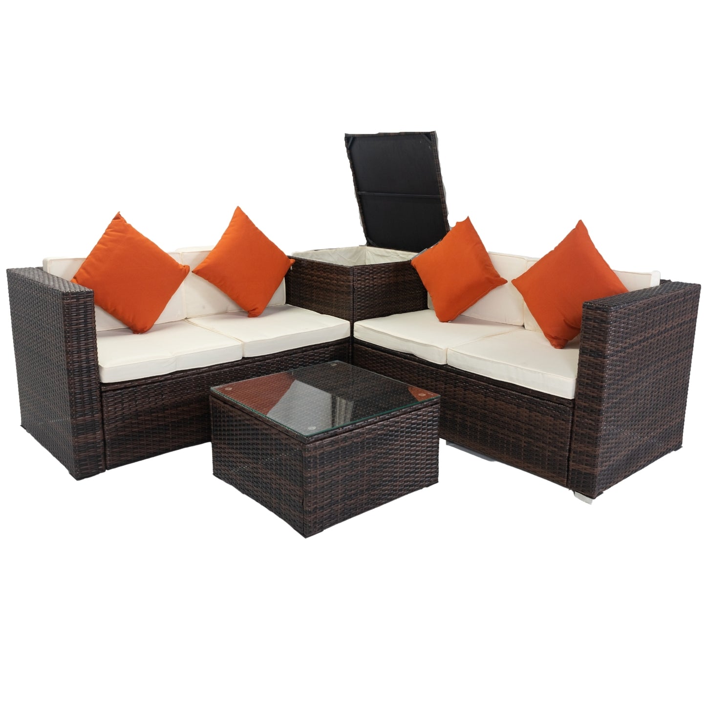 4 Piece Patio Sectional Wicker Rattan Outdoor Furniture Sofa Set with Storage Box