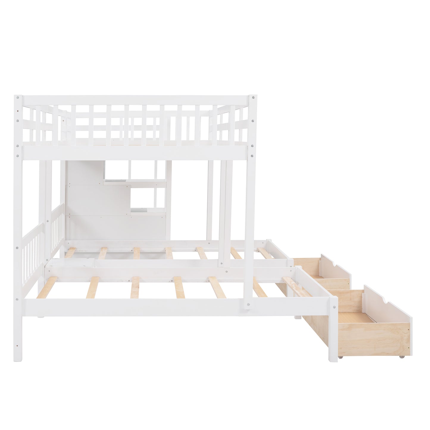 Full Over Twin & Twin Bunk Bed, Wood Triple Bunk Bed with Drawers and Guardrails (White)