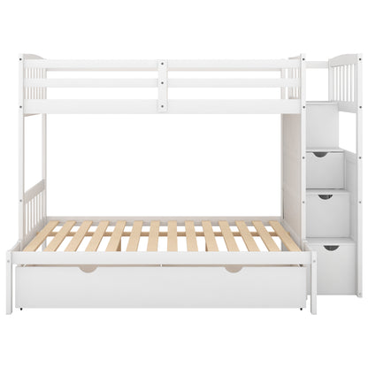 Twin over Full/Twin Bunk Bed, Convertible Bottom Bed, Storage Shelves and Drawers, White