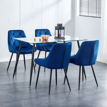 Kitchen Dining Room Metal legs Glass Table Set with 4 pcs blue velvet fabric dining chairs