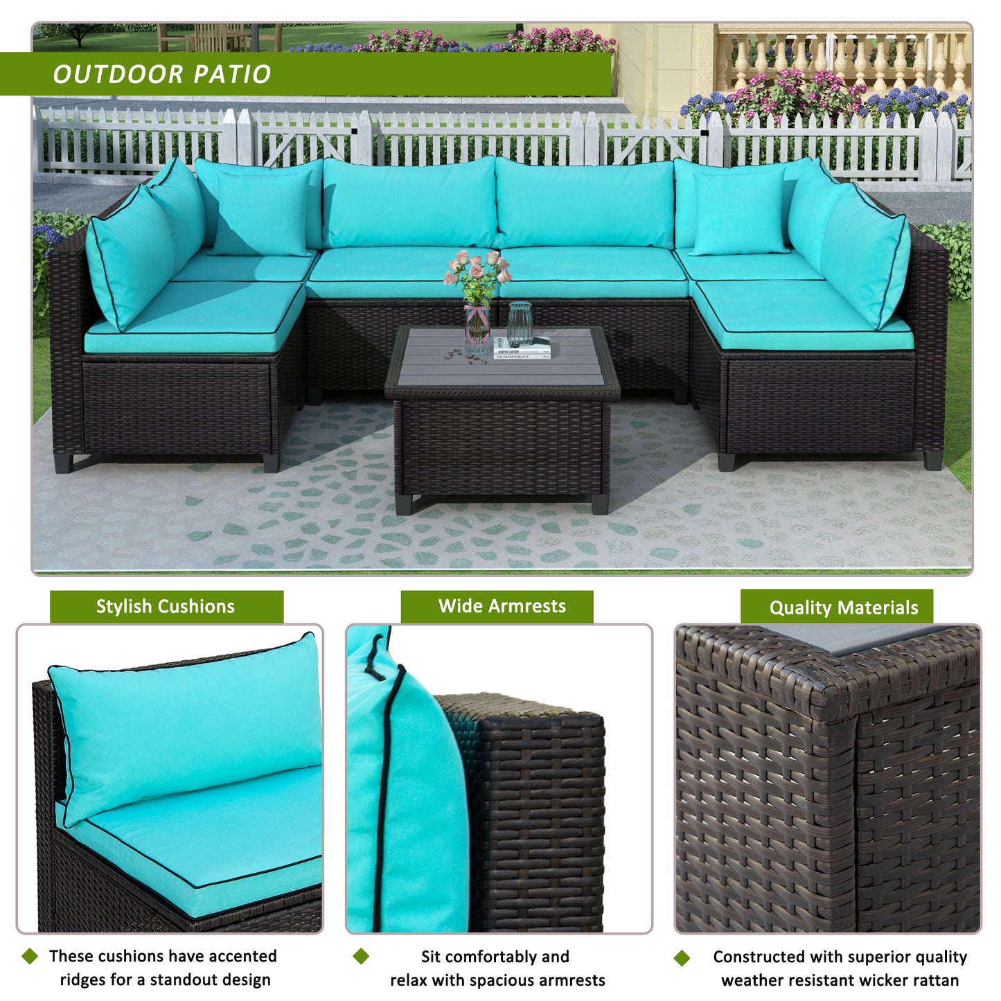 U-style Quality Rattan Wicker Patio Set, U-Shape Sectional Outdoor Furniture Set with Cushions and Accent Pillows