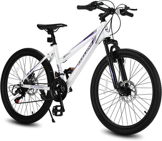 S26103 Elecony 26 inch Mountain Bike for Teenagers Girls Women, Shimano 21 Speeds Gear MTB with Dual Disc Brakes and 100mm Front Suspension, White/Pink