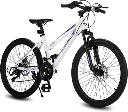 S24103 Elecony 24 inch Mountain Bike for Teenagers Girls Women, Shimano 21 Speeds Gear MTB with Dual Disc Brakes and 100mm Front Suspension, White/Pink