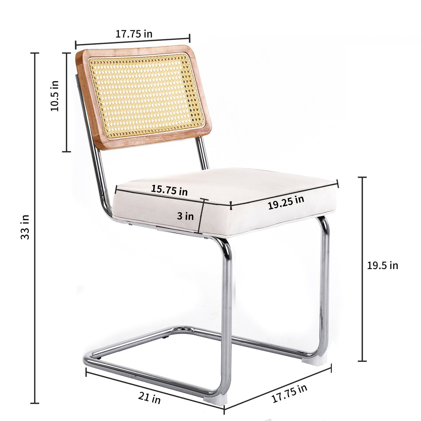 Dining Chairs 2pcs, Velvet Side Chairs Rattan Chairs with Cane Back & Stainless Chrome Base, Modern Mid Century Breuer Designed Chairs, Upholstered Dining Living Room Kitchen Chairs, White