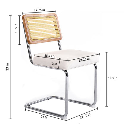 Dining Chairs 2pcs, Velvet Side Chairs Rattan Chairs with Cane Back & Stainless Chrome Base, Modern Mid Century Breuer Designed Chairs, Upholstered Dining Living Room Kitchen Chairs, White