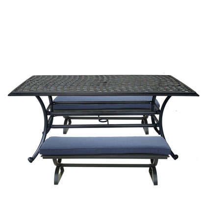 3 Piece Aluminum Dining Set, Rectangular table and Benches, Navy Blue