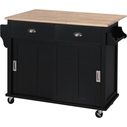 K&K Kitchen Cart with Rubber wood Drop-Leaf Countertop, Concealed sliding barn door adjustable height,Kitchen Island on 4 Wheels with Storage Cabinet and 2 Drawers,L52.2xW30.5xH36.6 inch, Black