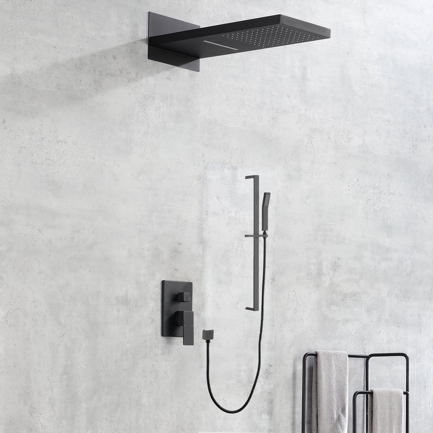 Shower System Square Bathroom Luxury Rain Mixer Shower Combo Set Pressure Balanced Shower System with Shower Head, Hand Shower, Slide Bar, Shower Arm, Hose, and Valve Trim