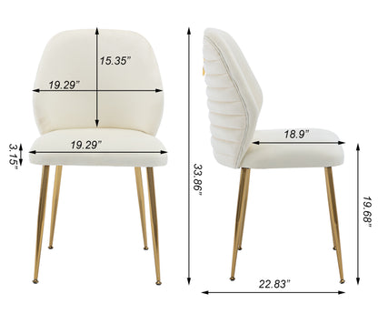 Modern Dining Chair Set of 2, Woven Velvet Upholstered Side Chairs with Barrel Backrest and Gold Metal Legs, Accent Chairs for Living Room Bedroom,Cream