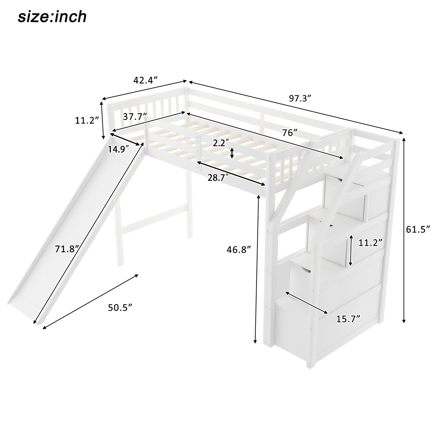 Twin Size Loft Bed with Storage and Slide, White