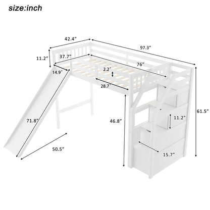 Twin Size Loft Bed with Storage and Slide, White