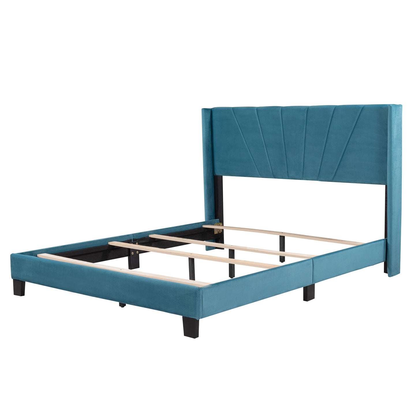 Queen Size Velvet Upholstered Platform Bed, Box Spring Needed - Blue