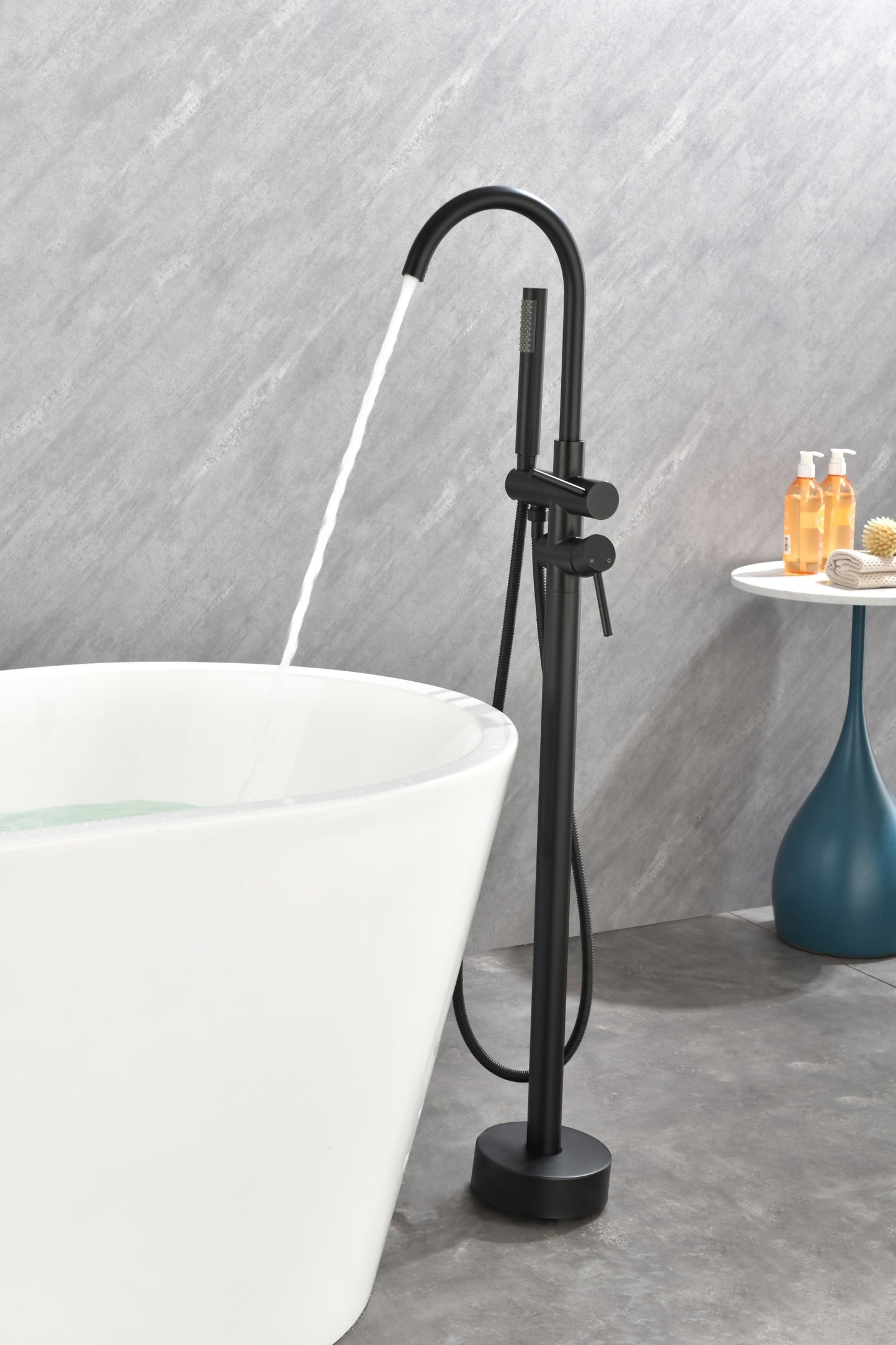 Mount Bathtub Faucet Freestanding Tub Filler Matte Black Standing High Flow Shower Faucets with Handheld Shower Mixer Taps Swivel Spout