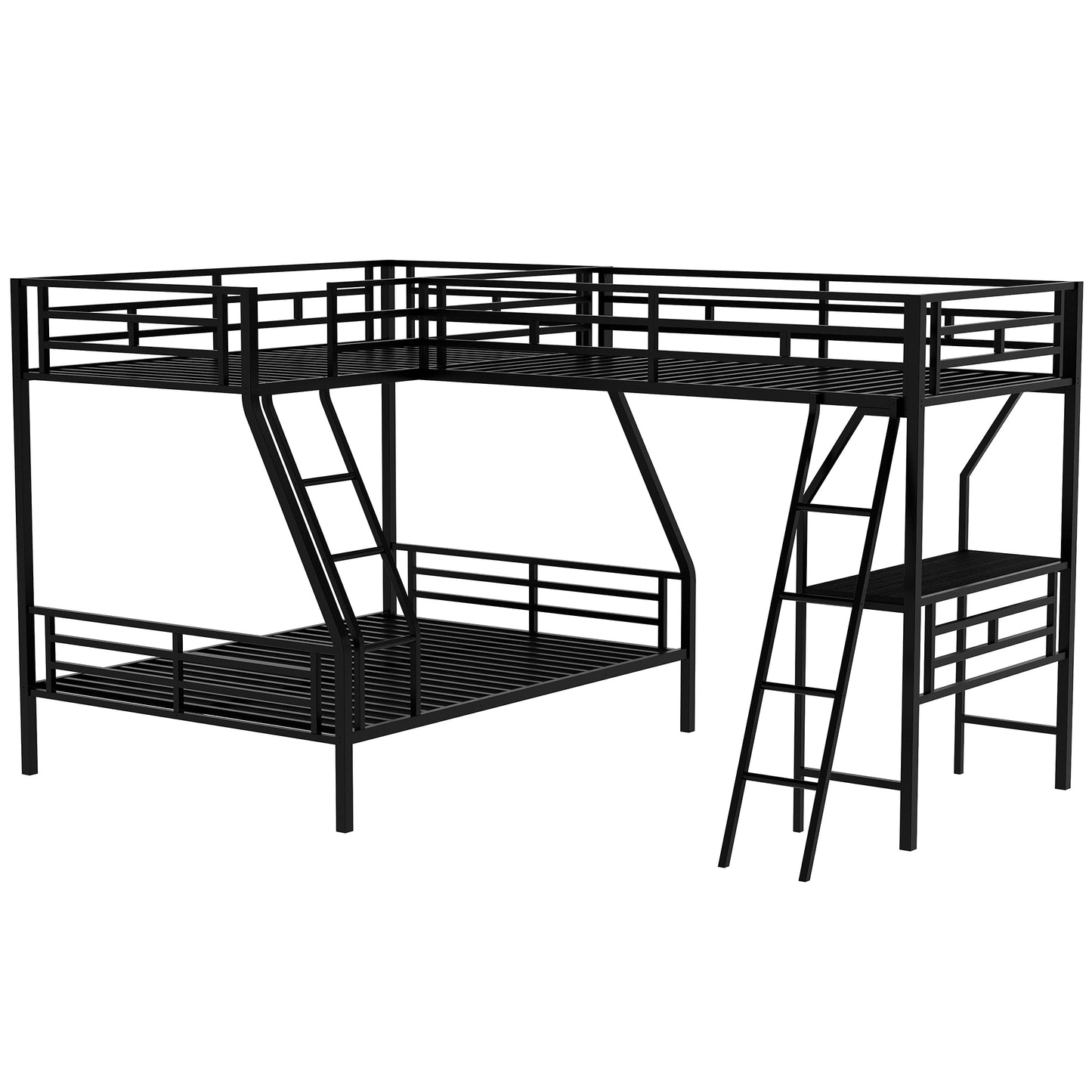 Twin over Full Bunk Bed with a Twin Size Loft Bed attached, with a Desk, Metal, Black