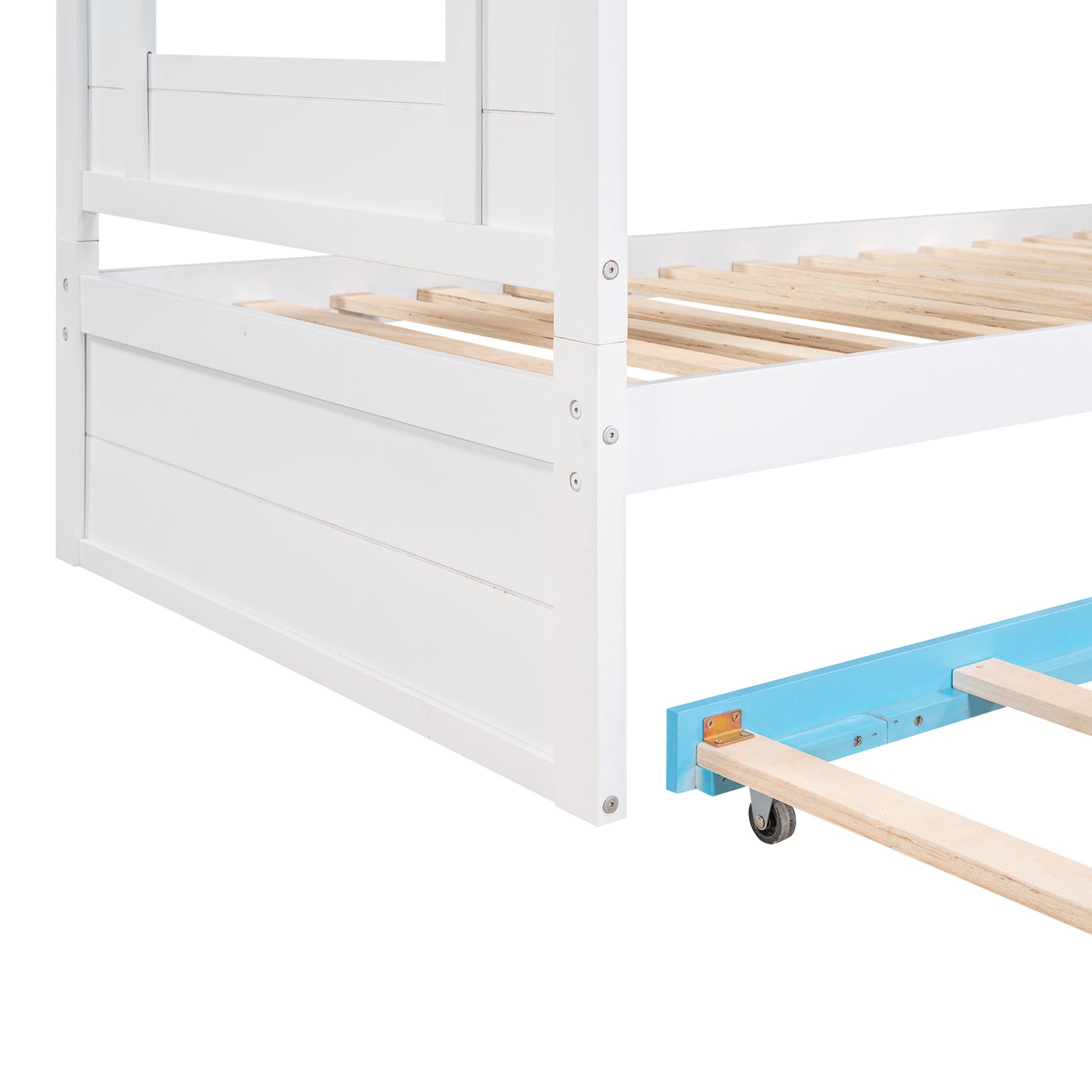 Twin Over Twin Bunk Bed with Trundle ,Stairs,Ladders Solid Wood Bunk bed with Storage Cabinet （White + Blue）