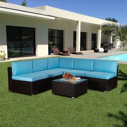 Outdoor Garden Patio Furniture 6-Piece Brown PE Rattan Wicker Sectional Blue Cushioned Sofa Sets