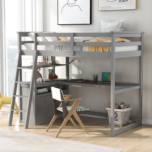 Twin Size Loft Bed with Desk and Shelves,Two Built-in Drawers,Gray(OLD SKU:GX000803AAE)