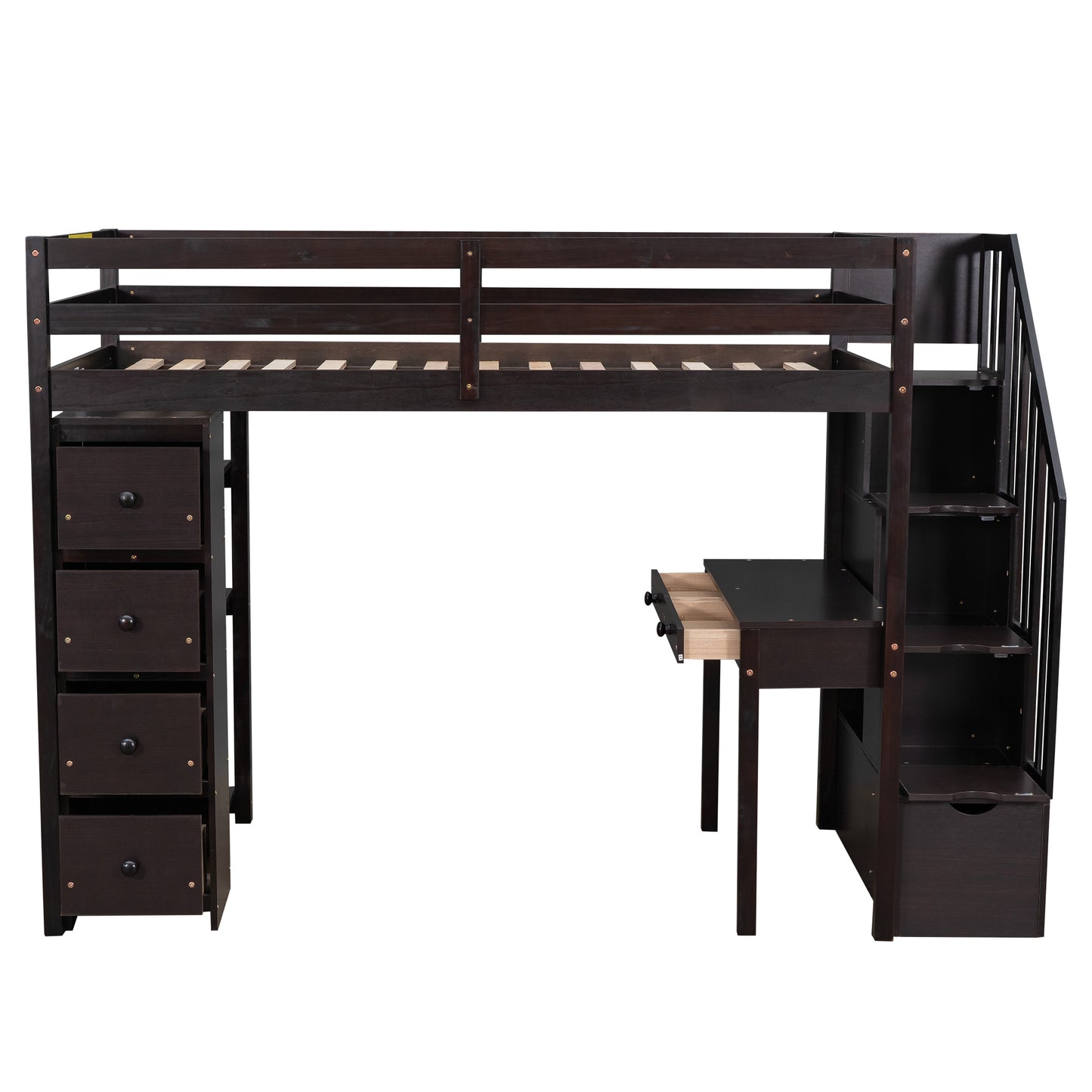 Twin size Loft Bed with Storage Drawers ,Desk and Stairs, Wooden Loft Bed with Shelves - Espresso