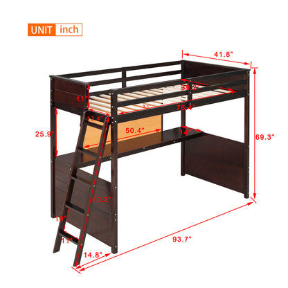 Twin size Loft Bed with Desk and Writing Board, Wooden Loft Bed with Desk - Espresso