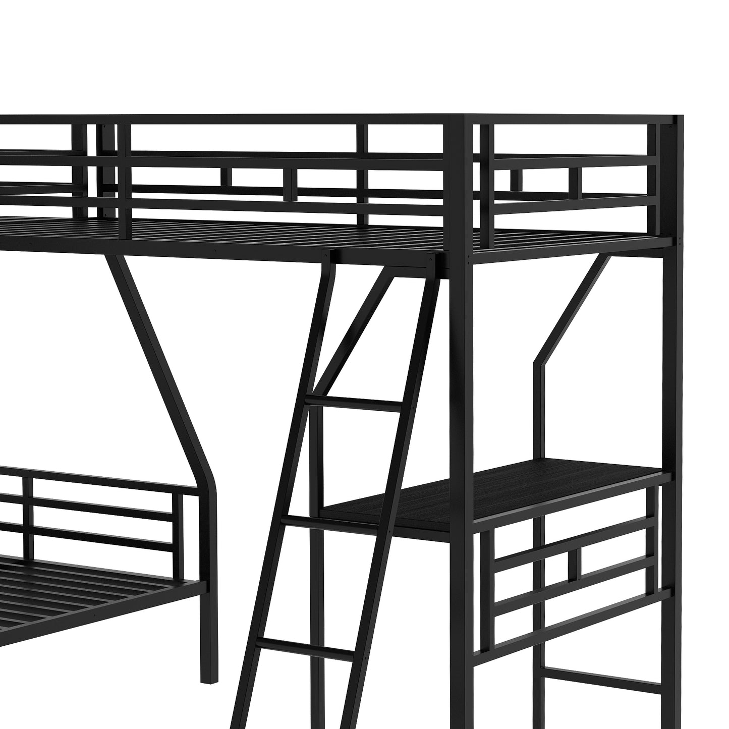 Twin over Full Bunk Bed with a Twin Size Loft Bed attached, with a Desk, Metal, Black