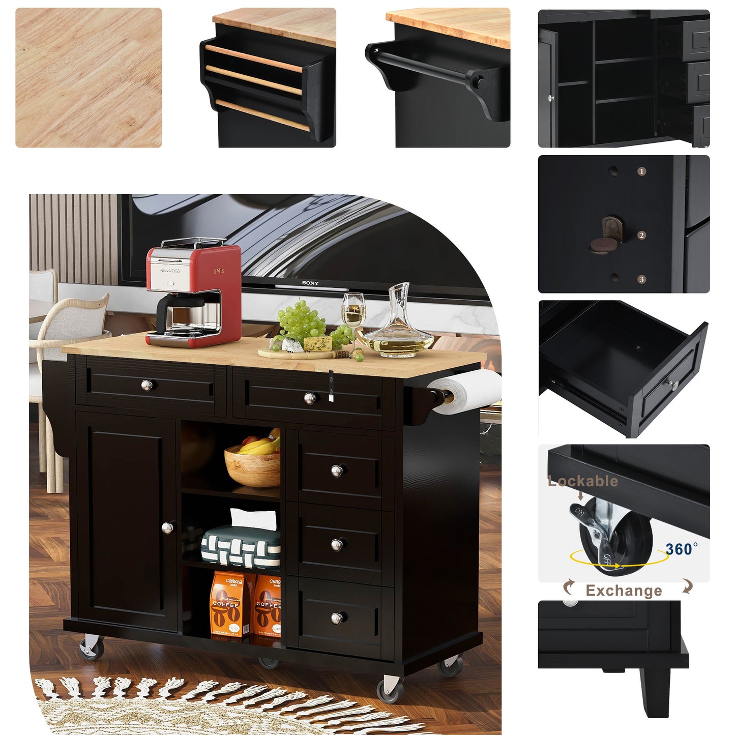 K&K kitchen cart with Rubber wood desktop rolling mobile kitchen island with storage and 5 draws 53 Inch width （Black）