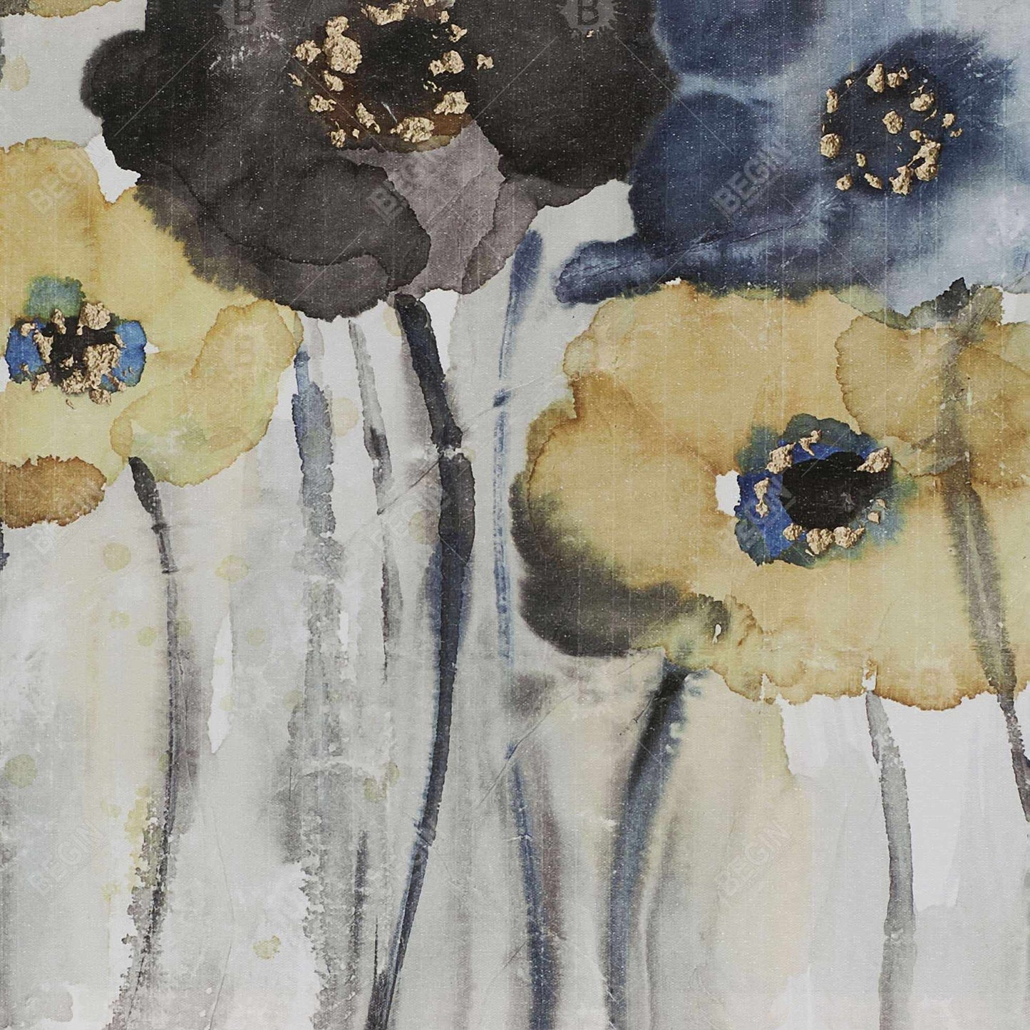 Gray blue and yellow flowers - 32x32 Print on canvas