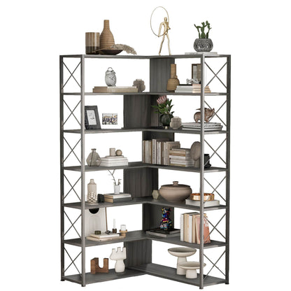 Silver+Grey 7-Tier Bookcase Home Office Bookshelf,  L-Shaped Corner Bookcase with Metal Frame, Industrial Style Shelf with Open Storage, MDF Board