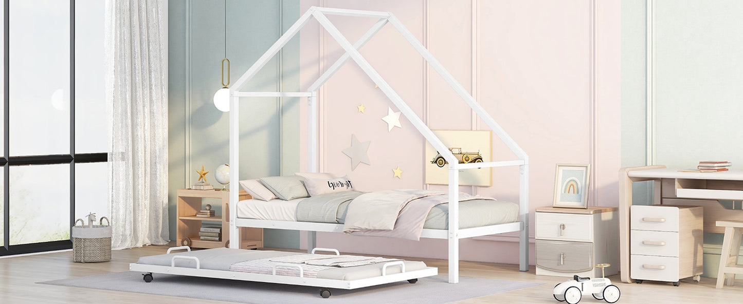 Metal House Bed With Trundle, Twin Size House Bed White