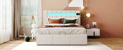 Upholstered Bed Full Size with LED light, Bluetooth Player and USB Charging, Hydraulic Storage Bed in Beige Velvet Fabric