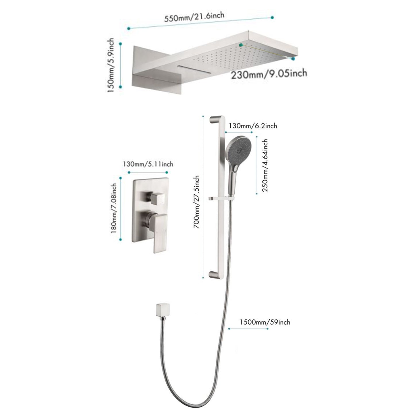 Shower System Square Bathroom Luxury Rain Mixer Shower Combo Set Pressure Balanced Shower System with Shower Head, Hand Shower, Slide Bar, Shower Arm, Hose, and Valve Trim