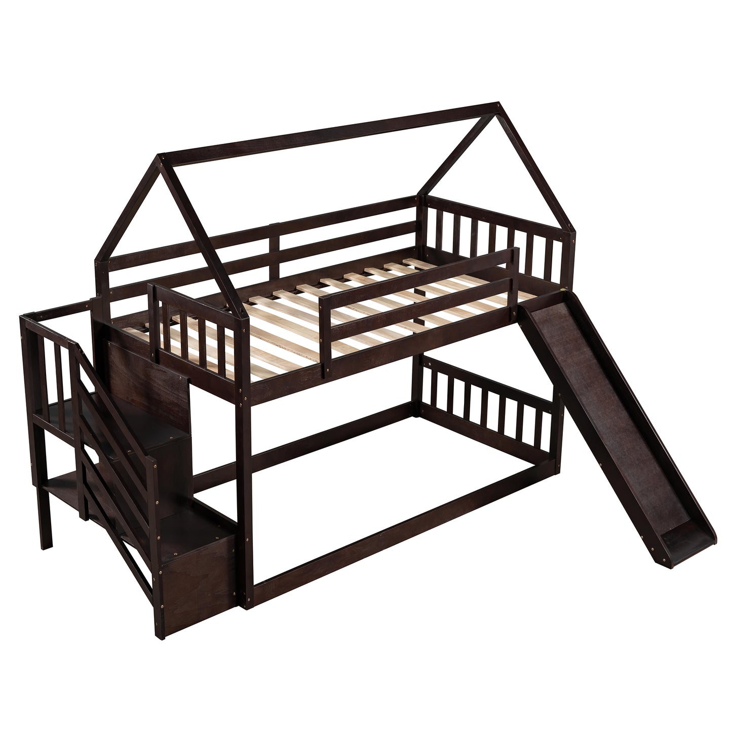 Twin over Twin House Bunk Bed with Slide and Storage Staircase,Espresso