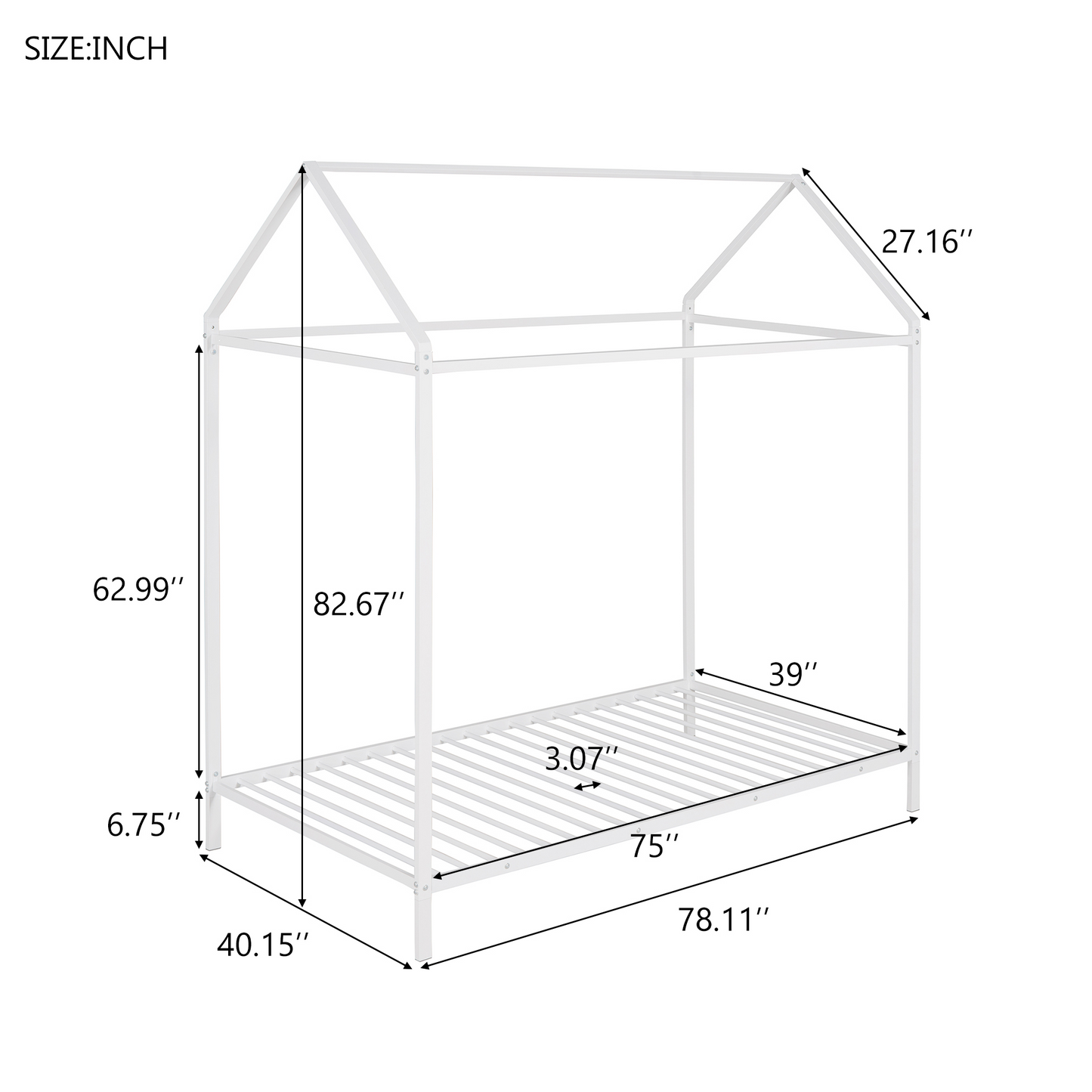 House Bed Frame Twin Size , Kids Bed Frame Metal  Platform Bed  Floor Bed for Kids Boys Girls No Box Spring Needed White