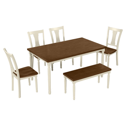 TREXM Classic 6-Piece Dining Set Wooden Table and 4 Chairs with Bench for Kitchen Dining Room (Brown+Cottage White)