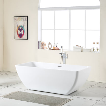 67"L x 31.5\'\'W Acrylic Art Freestanding Alone White Soaking Bathtub with Brushed Nickel Overflow and Pop-up Drain