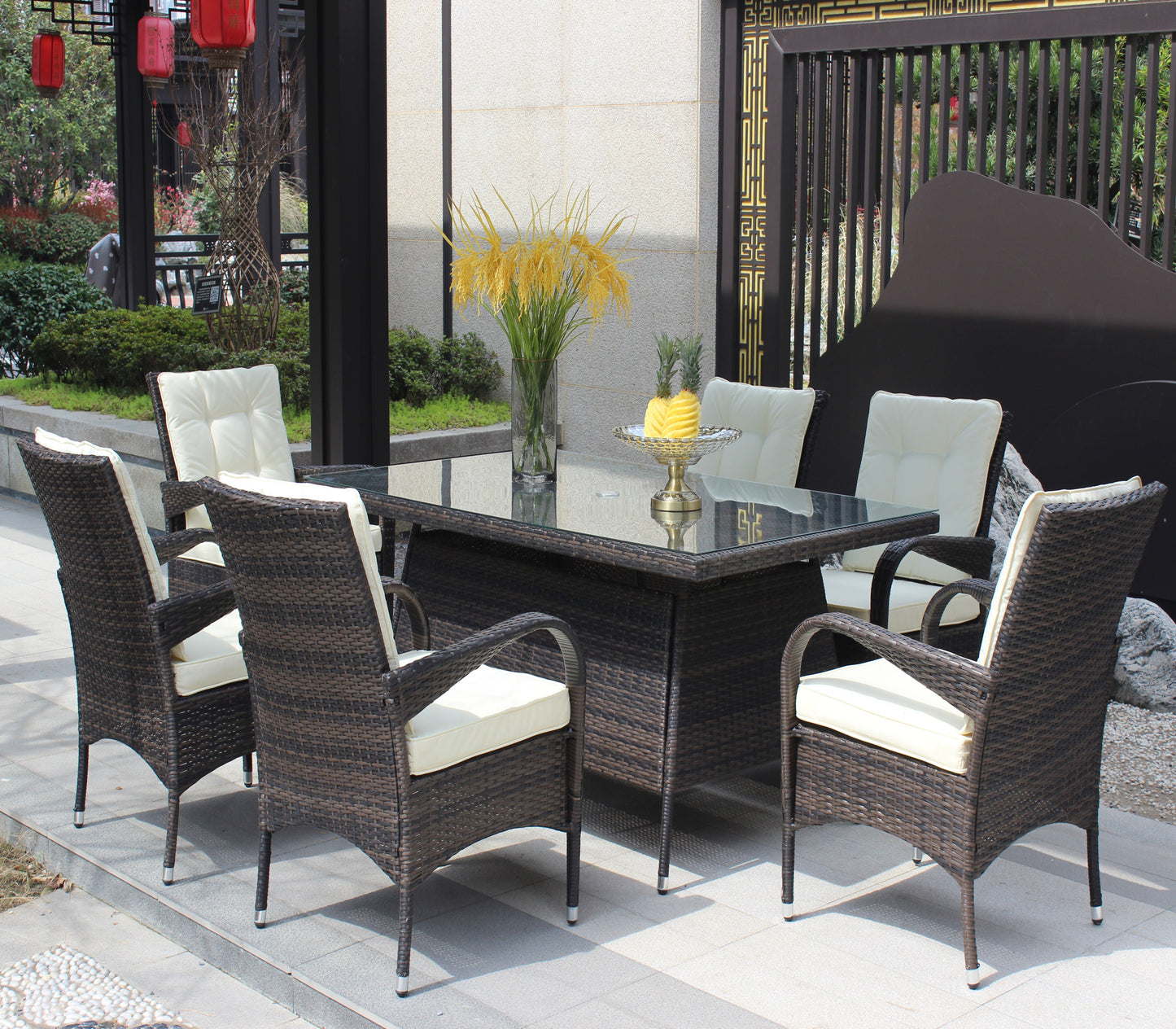 Patio 7-Piece Rectangular Dining Set with 6 Dining Chairs (Brown &Beige Cushion )