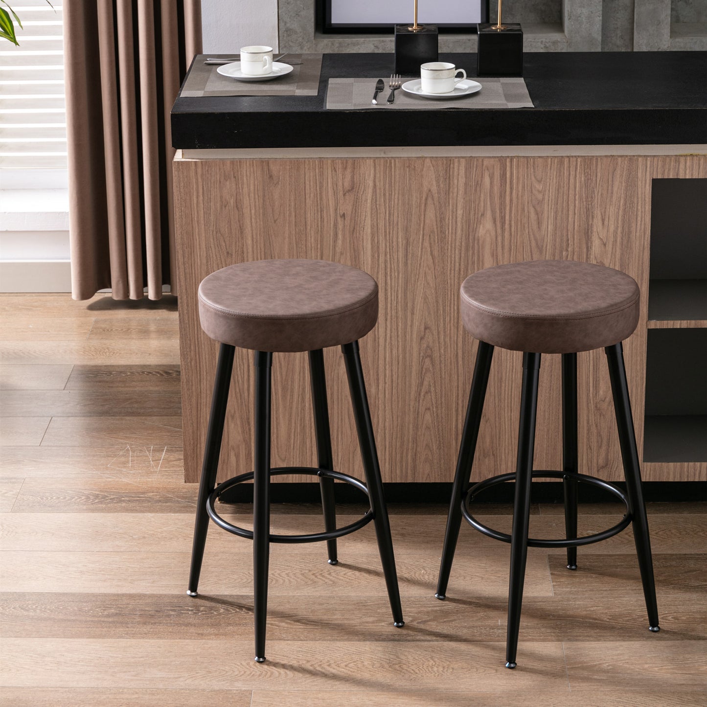 A&A Furniture,Metal Bar Stools,  Round Kitchen Counter Stools, Industrial Round Barstool, Bar Chairs, 28 Inch for Counter Pub Height Set of 2 (Brown)