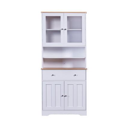 TREXM 70.9" Multifunctional Pantry Cabinet MDF Storage Cabinet with Glass Doors, A Large Drawer and Adjustable Shelves (White)