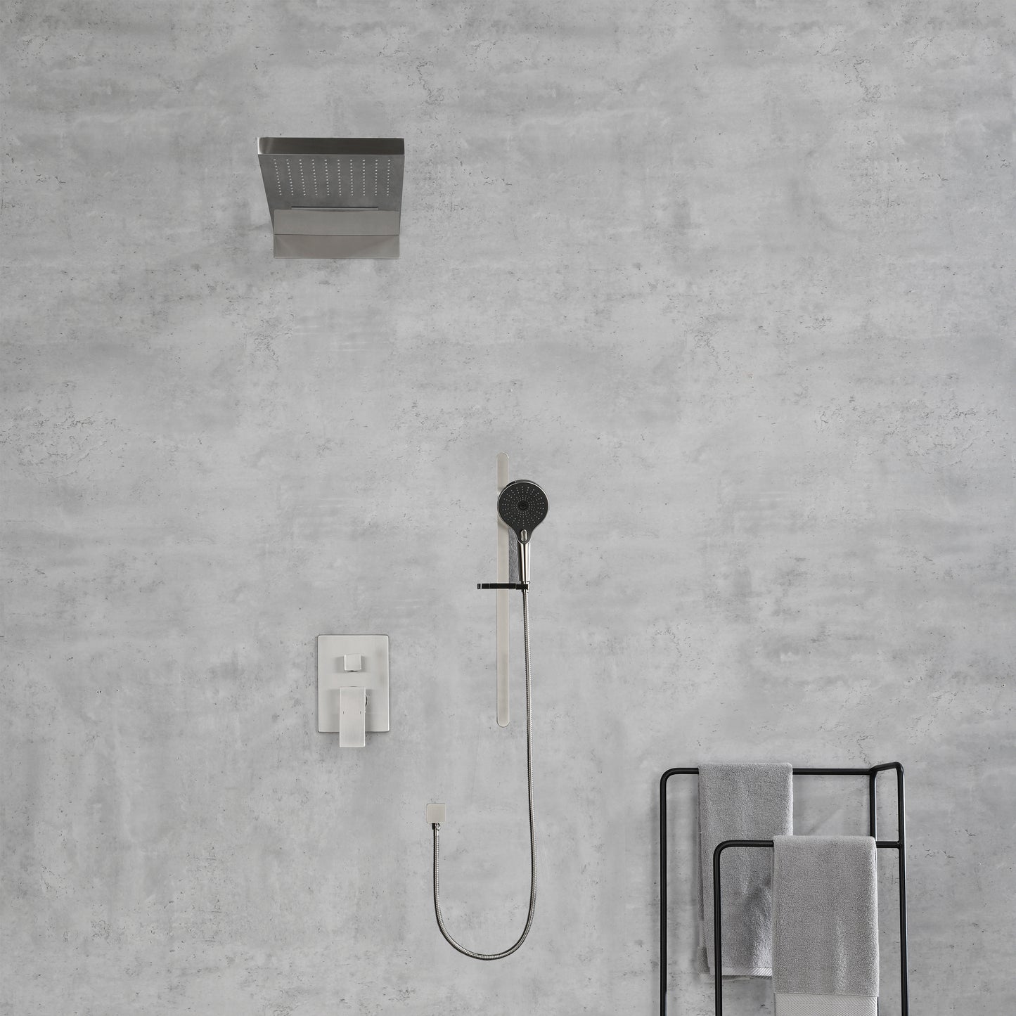 Shower System Square Bathroom Luxury Rain Mixer Shower Combo Set Pressure Balanced Shower System with Shower Head, Hand Shower, Slide Bar, Shower Arm, Hose, and Valve Trim