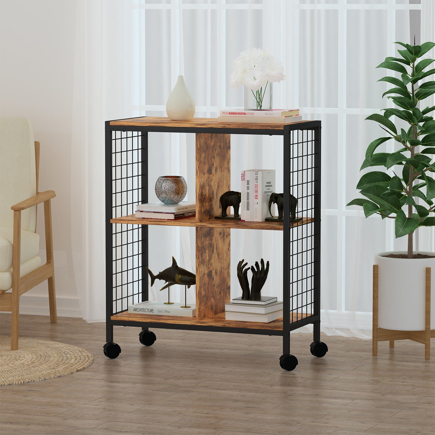 Nordic Living Room Bedroom Wood Metal Movable Bookshelf Storage Rack Srorage Shelf With Wheels