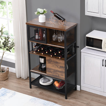 Industrial Bar Cabinet with Wine Rack for Liquor and Glasses, Wood and Metal Cabinet for Home Kitchen Storage Cabinet