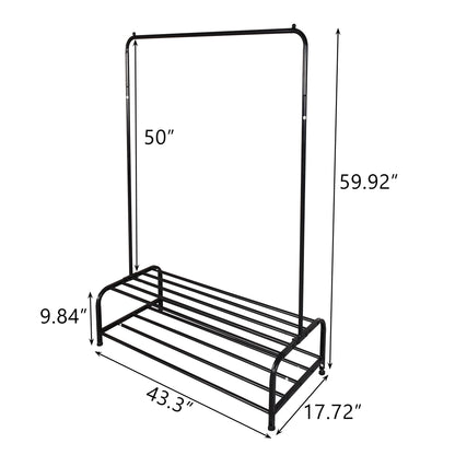 Clothing Garment Rack with Shelves, Metal Cloth Hanger Rack Stand Clothes Drying Rack for Hanging Clothes,with Top Rod Organizer Shirt Towel Rack and Lower Storage Shelf for Boxes Shoes Boots, Black