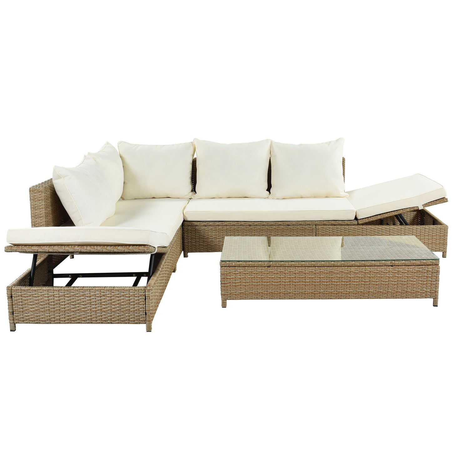 TOPMAX Patio 3-Piece Rattan Sofa Set All Weather PE Wicker Sectional Set with Adjustable Chaise Lounge Frame and Tempered Glass Table, Natural Brown+ Beige Cushion